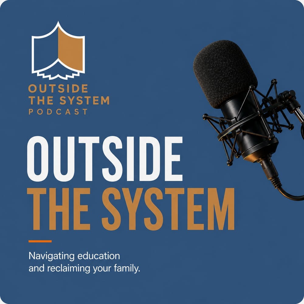 Outside The System podcast cover art: a microphone and the show's name in tan